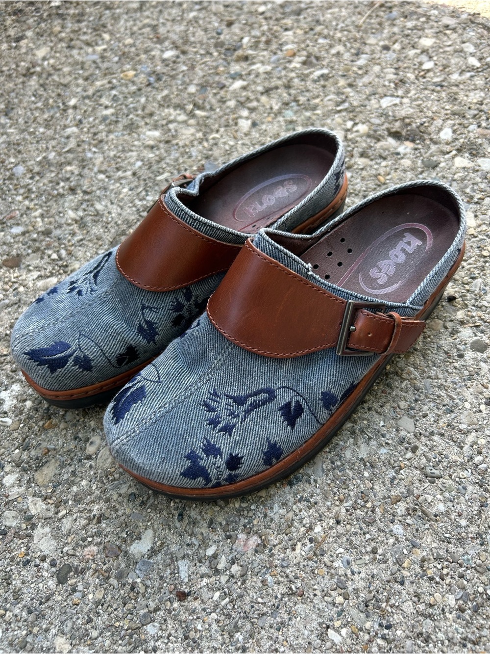 Klogs Denim Floral Clog Denim Brown Leather Strap Size 8 Boho Women’s